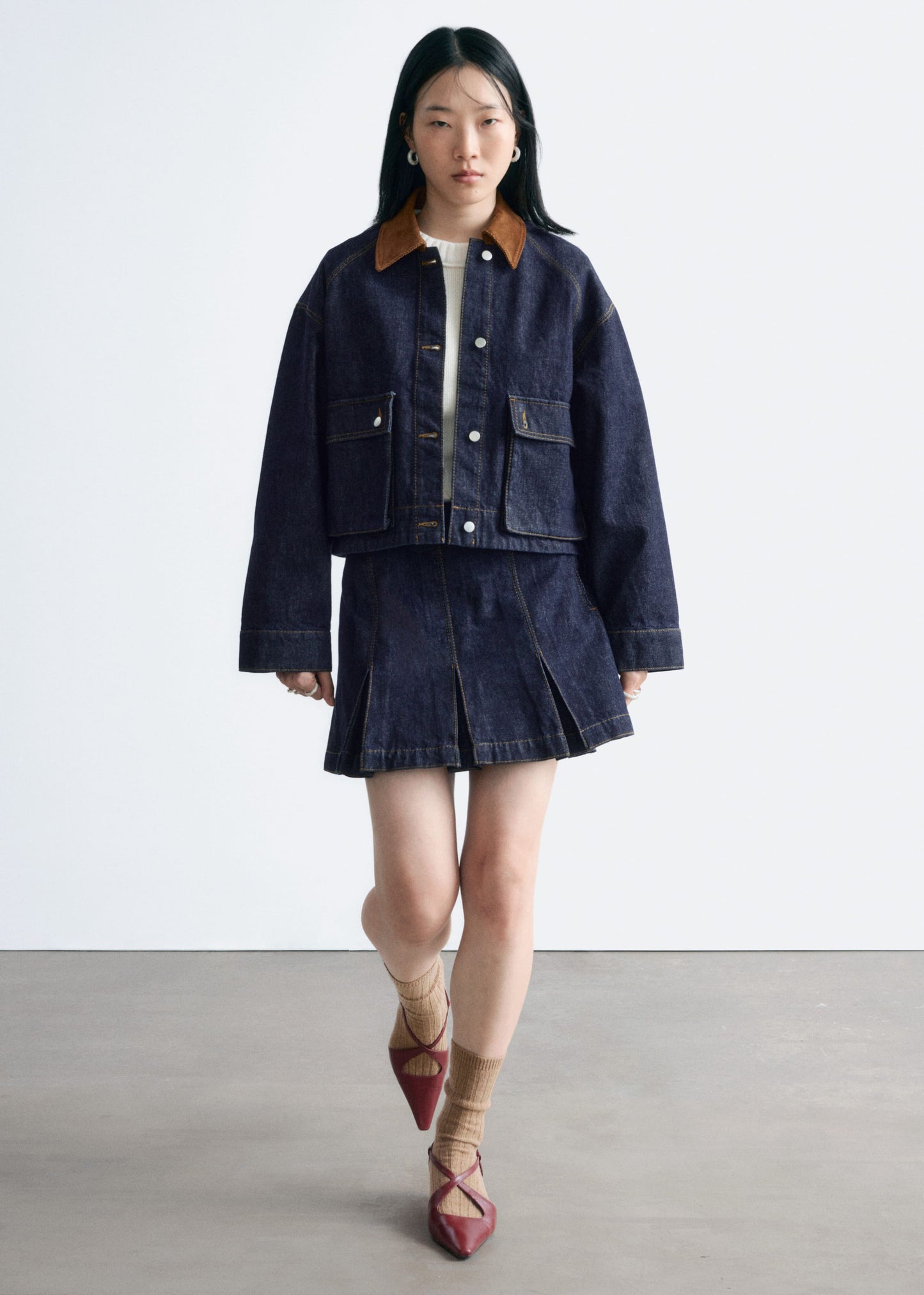 Short Cord-Collar Denim Jacket