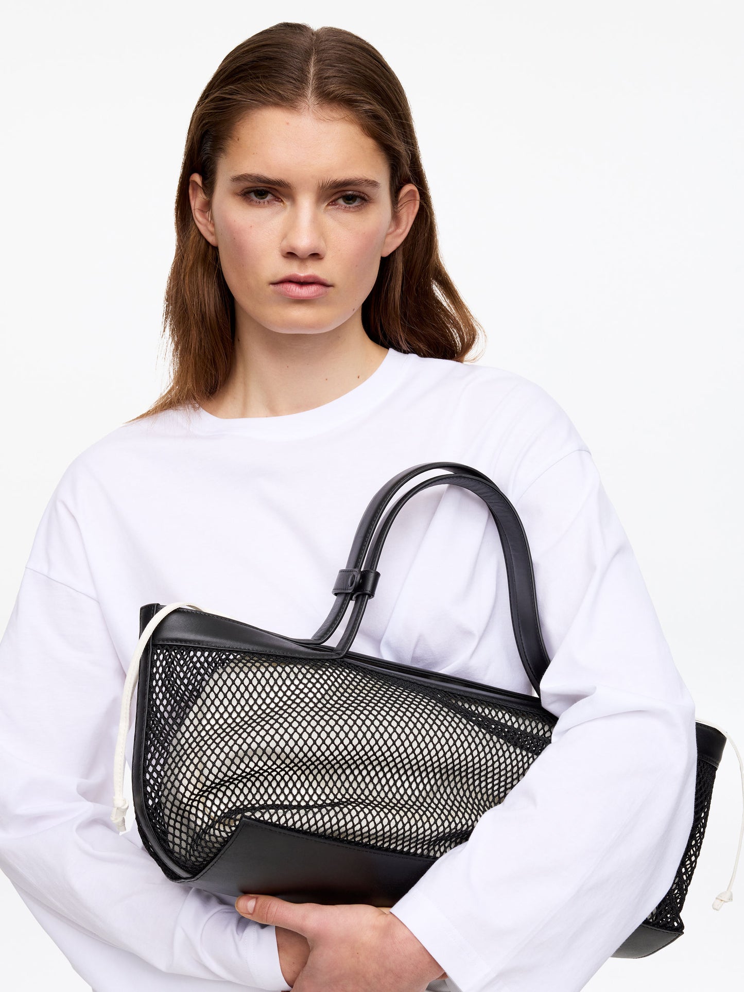 Leather-Detail Mesh Tote Bag
