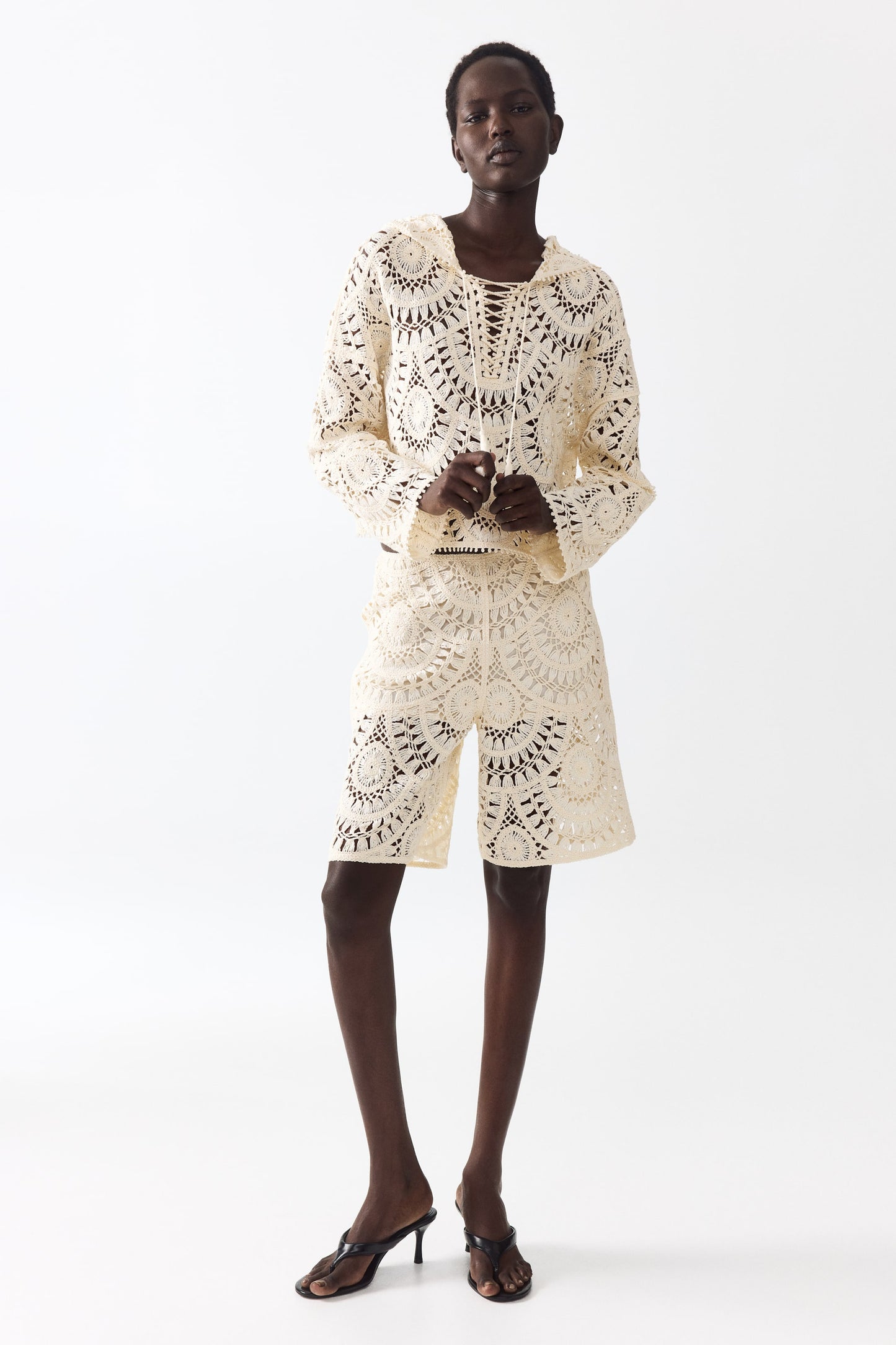 Crochet-look lace-up hoodie