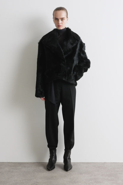 Collared pony hair-effect leather jacket