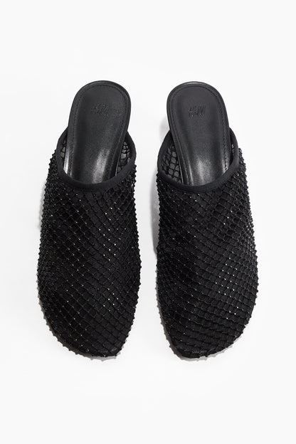 Heeled mesh mules