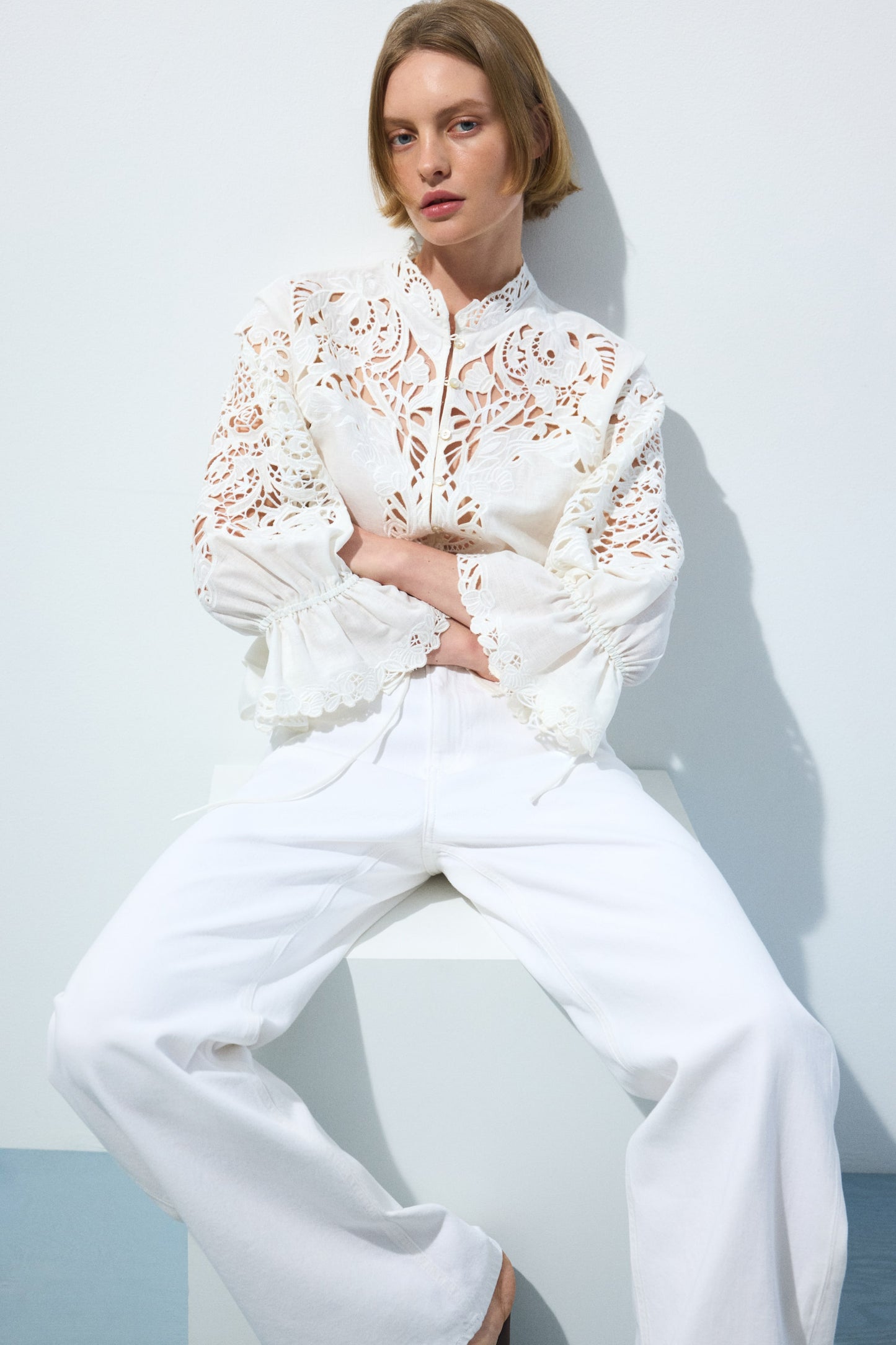 Linen-blend broderie anglaise blouse