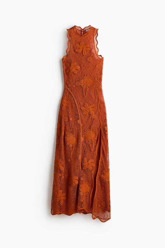 Women's Orange/Sunflowers Ruffled crochet-look dress | H&M GB