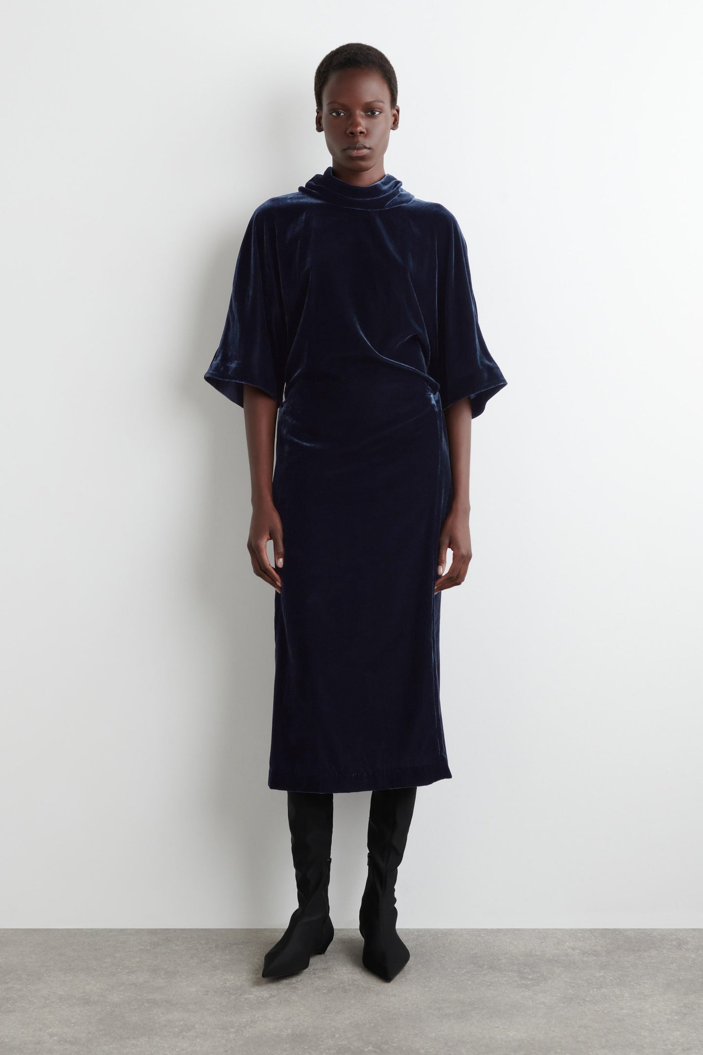 Draped-Neck Velvet Midi Dress