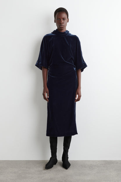 Draped-Neck Velvet Midi Dress