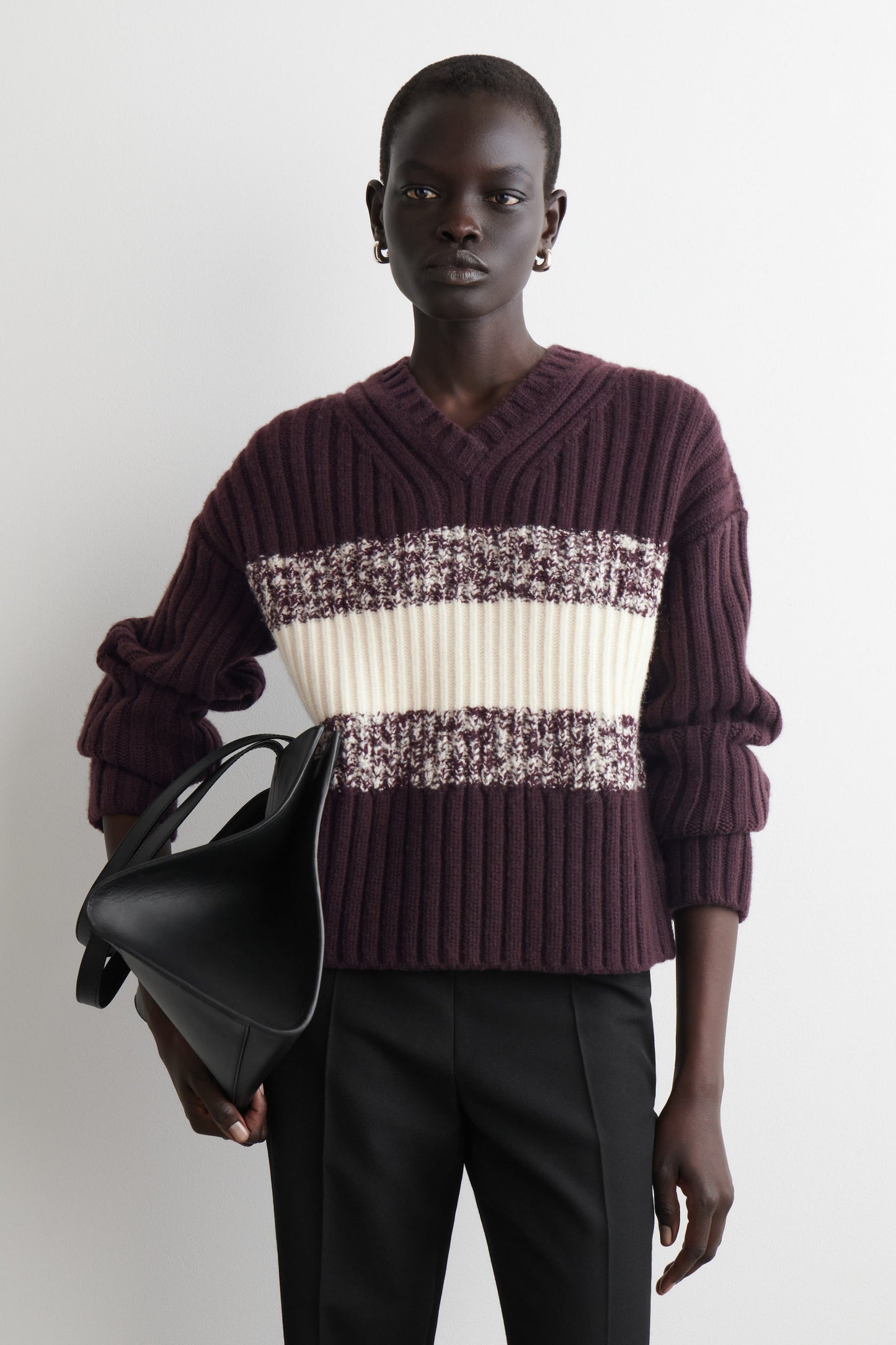 Textured merino wool v-neck jumper