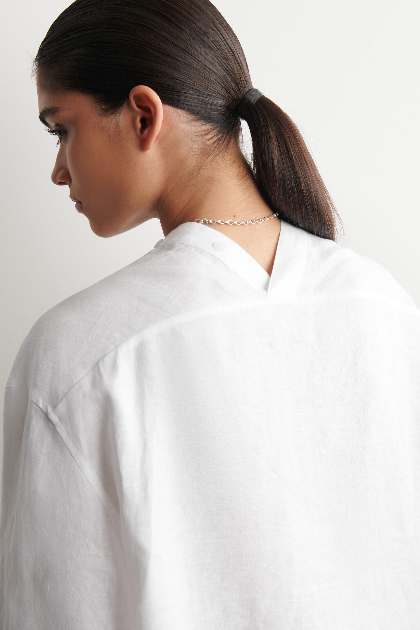Button-Detail Linen V-Neck Shirt