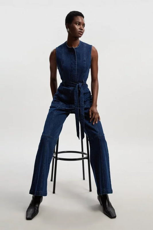 Denim Button Front Straight Leg Trousers