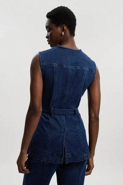 Denim Sleeveless Belted Jacket