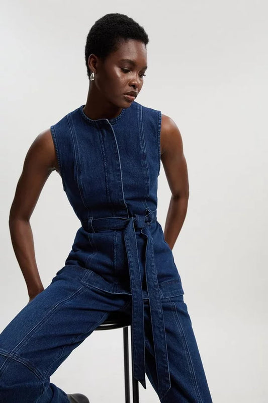 Denim Sleeveless Belted Jacket