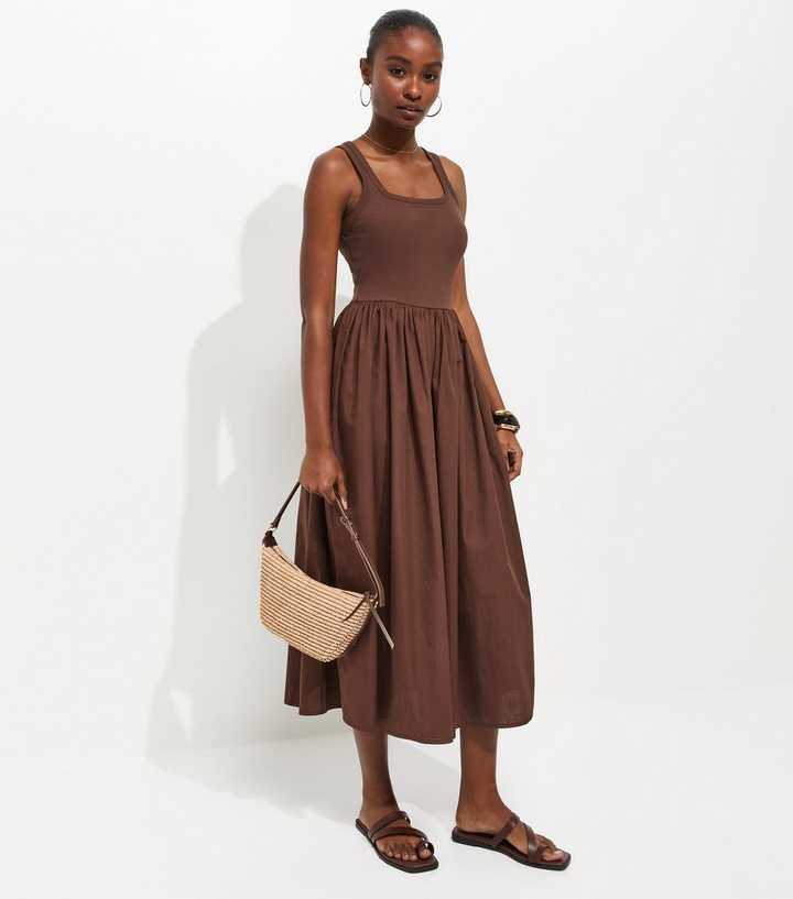 Dark Brown 2-In-1 Poplin Midi Dress