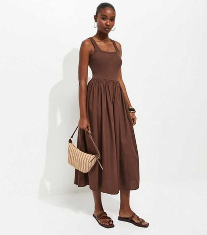 Dark Brown 2-In-1 Poplin Midi Dress