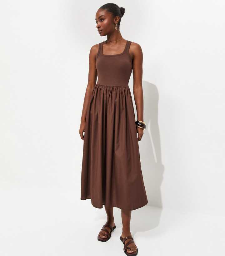 Dark Brown 2-In-1 Poplin Midi Dress