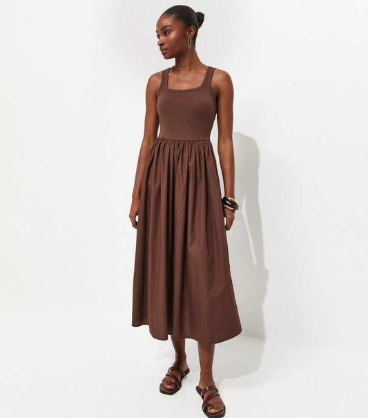 Dark Brown 2-In-1 Poplin Midi Dress