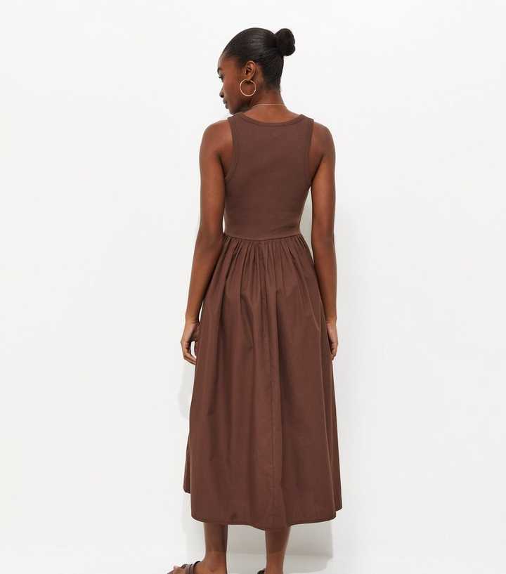 Dark Brown 2-In-1 Poplin Midi Dress