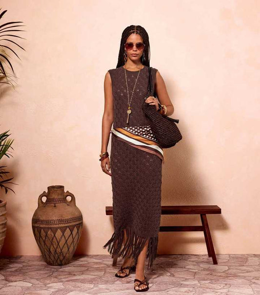 Dark Brown Crochet Fringe Hem Maxi Dress