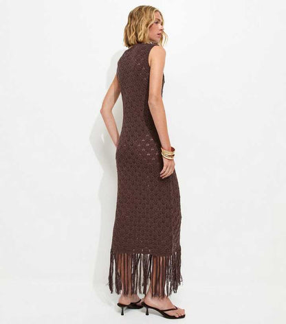 Dark Brown Crochet Fringe Hem Maxi Dress