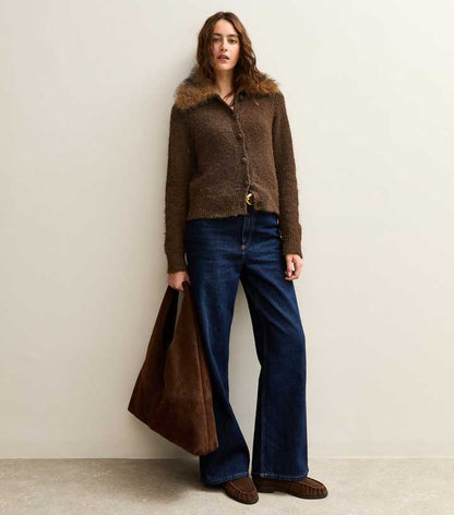 Dark Brown Faux Fur Collar Cardigan