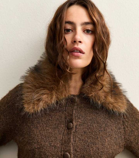 Dark Brown Faux Fur Collar Cardigan