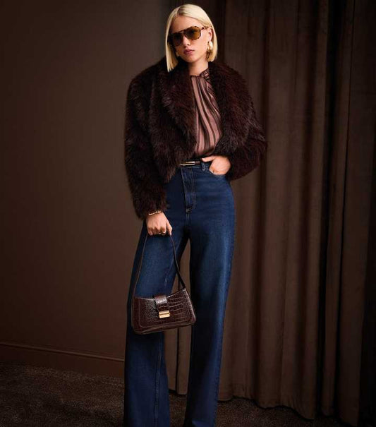 Dark Brown Faux Fur Shawl Collar Jacket