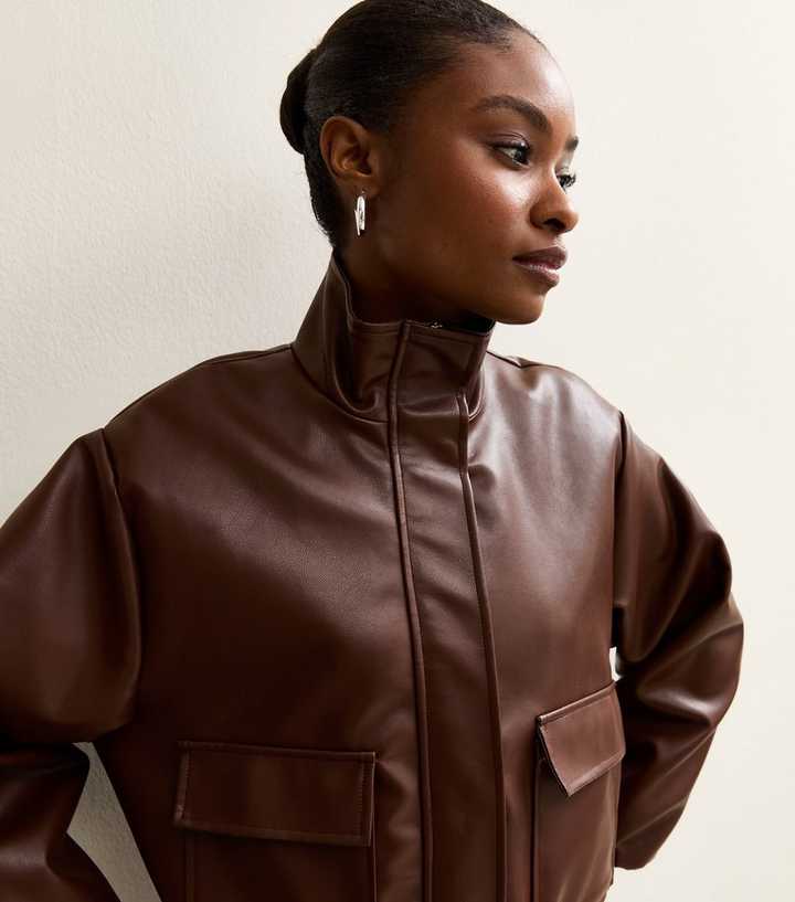 Dark Brown Faux Leather Funnel Neck Bomber Jacket