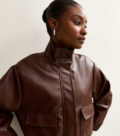Dark Brown Faux Leather Funnel Neck Bomber Jacket
