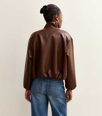 Dark Brown Faux Leather Funnel Neck Bomber Jacket