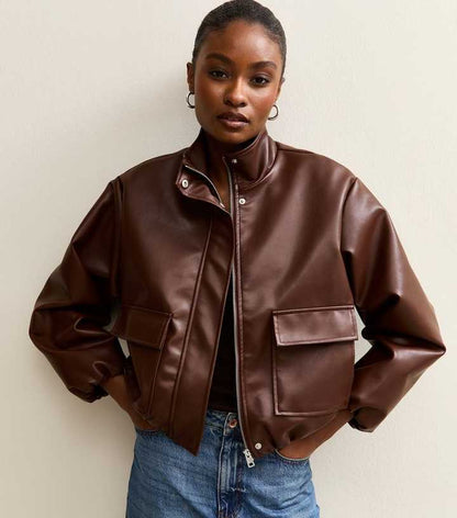 Dark Brown Faux Leather Funnel Neck Bomber Jacket