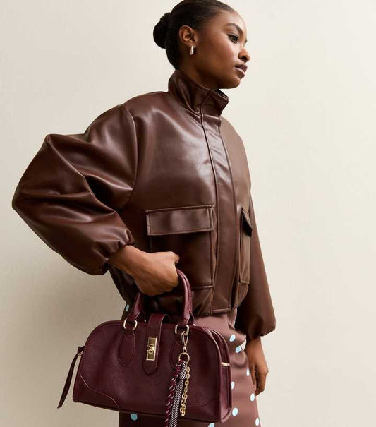 Dark Brown Faux Leather Funnel Neck Bomber Jacket