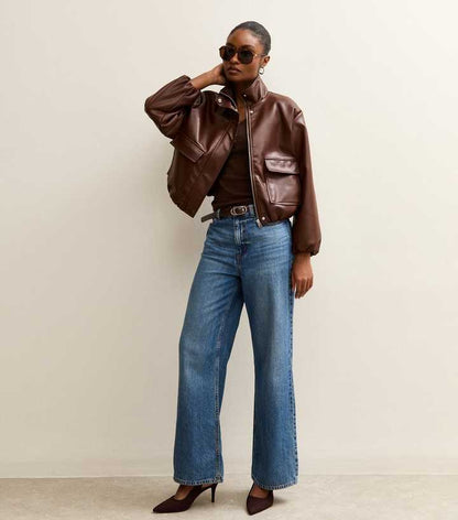 Dark Brown Faux Leather Funnel Neck Bomber Jacket