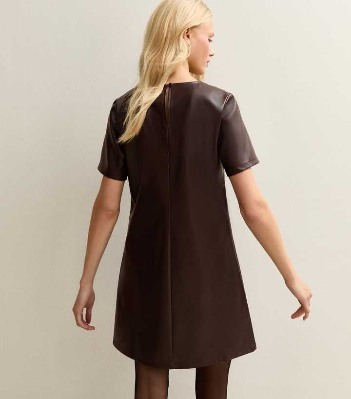 Dark Brown Faux Leather Short Sleeve Mini Dress