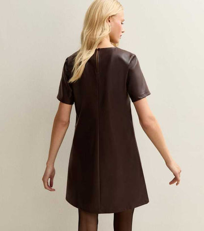 Dark Brown Faux Leather Short Sleeve Mini Dress