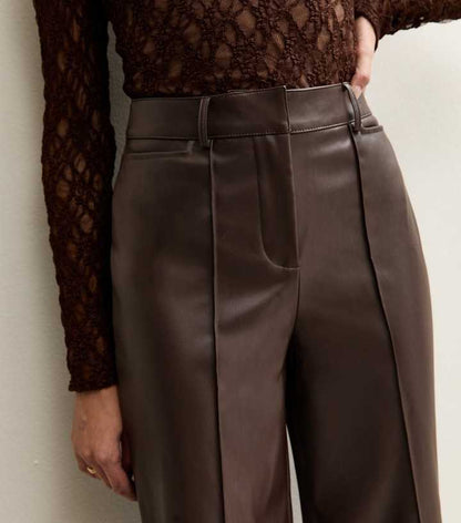 Dark Brown Faux Leather Wide Leg Trousers