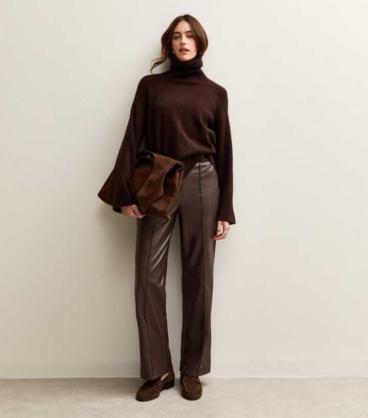 Dark Brown Faux Leather Wide Leg Trousers