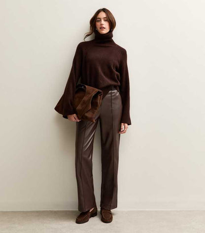 Dark Brown Faux Leather Wide Leg Trousers