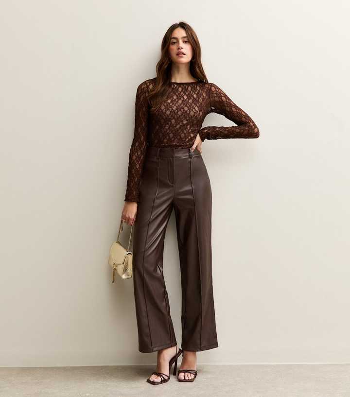 Dark Brown Faux Leather Wide Leg Trousers