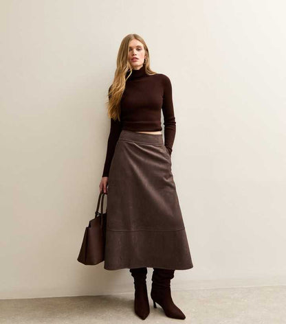 Dark Brown Faux Suede A Line Midi Skirt