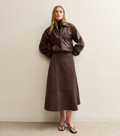 Dark Brown Faux Suede A Line Midi Skirt