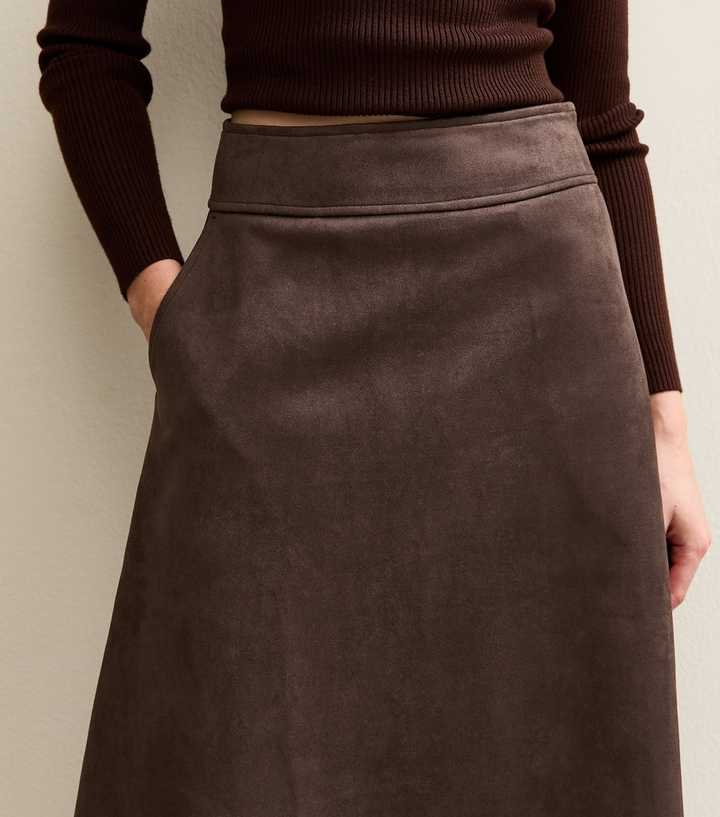 Dark Brown Faux Suede A Line Midi Skirt