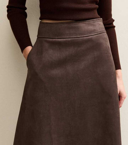 Dark Brown Faux Suede A Line Midi Skirt