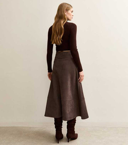 Dark Brown Faux Suede A Line Midi Skirt