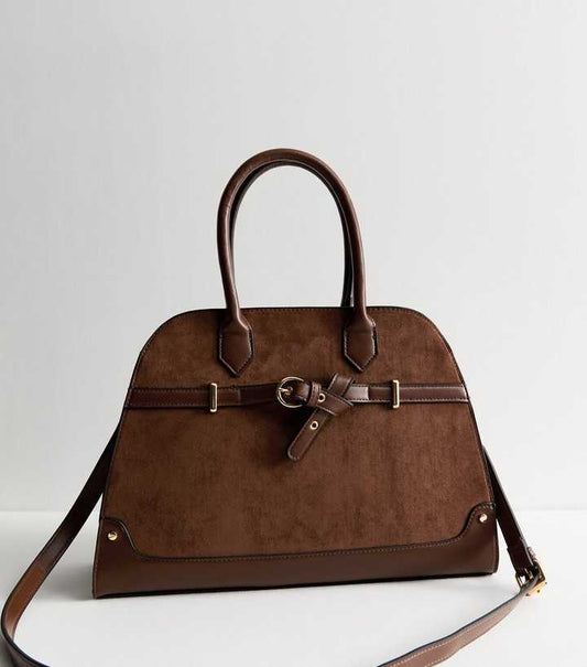 Dark Brown Faux Suede Large Tote Bag
