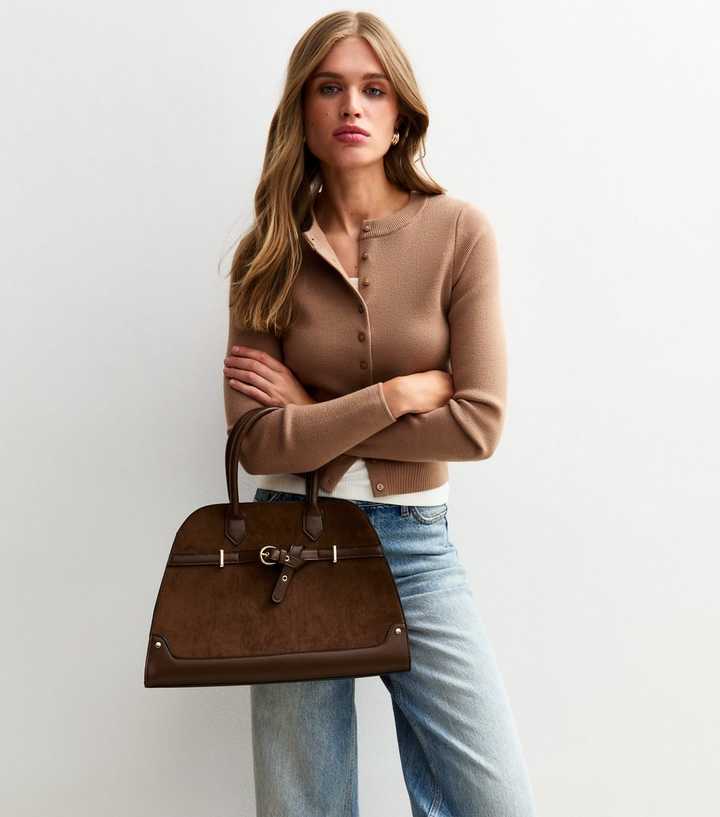 Dark Brown Faux Suede Large Tote Bag