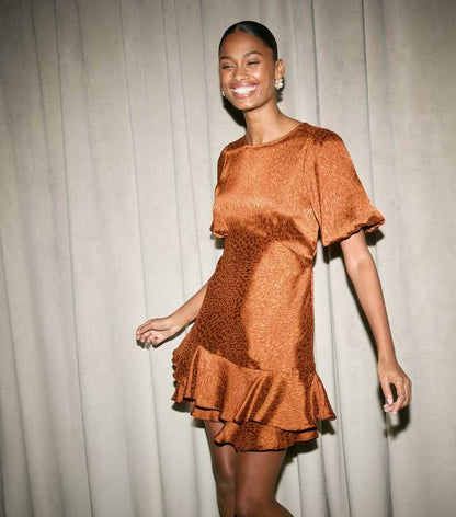 Dark Brown Feather Effect Jacquard Satin Mini Dress