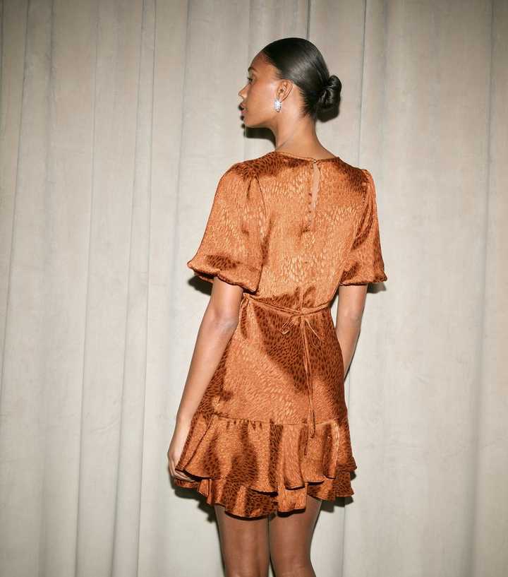 Dark Brown Feather Effect Jacquard Satin Mini Dress