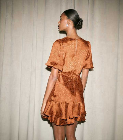 Dark Brown Feather Effect Jacquard Satin Mini Dress