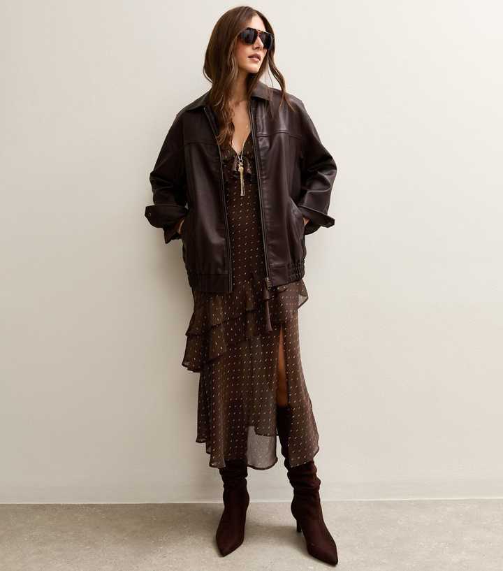 Dark Brown Foil Spot Ruff Trim Midi Dress