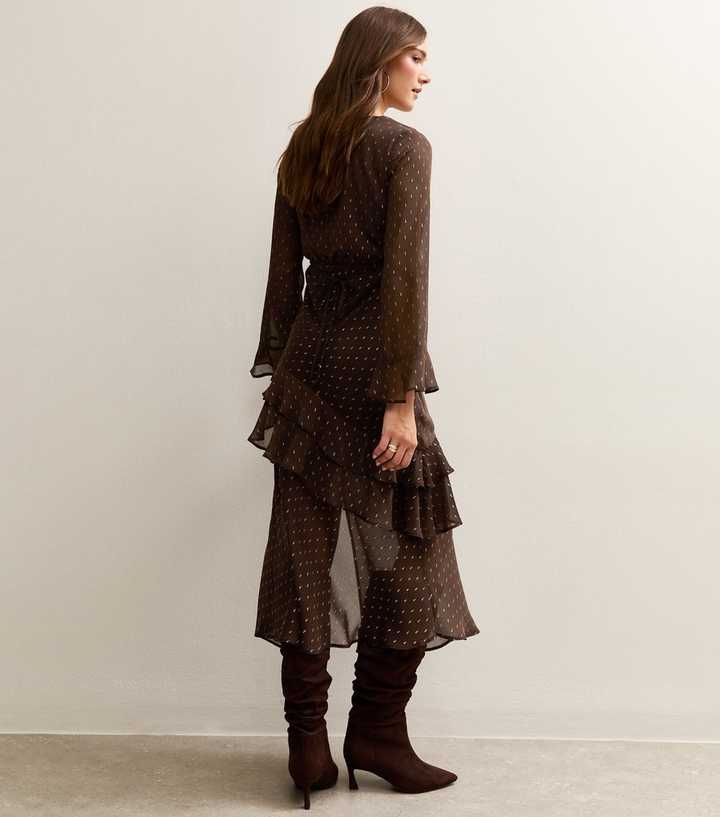 Dark Brown Foil Spot Ruff Trim Midi Dress