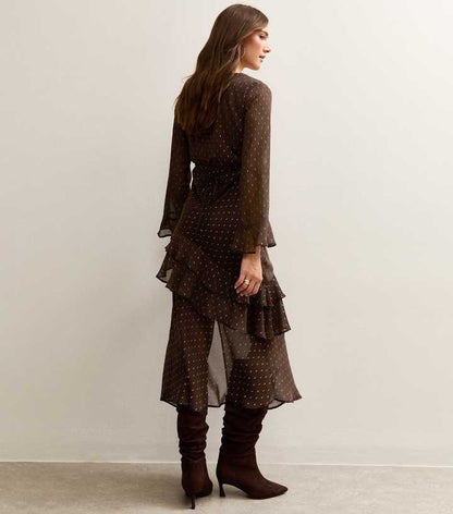 Dark Brown Foil Spot Ruff Trim Midi Dress