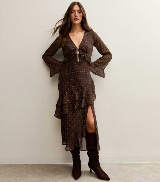 Dark Brown Foil Spot Ruff Trim Midi Dress